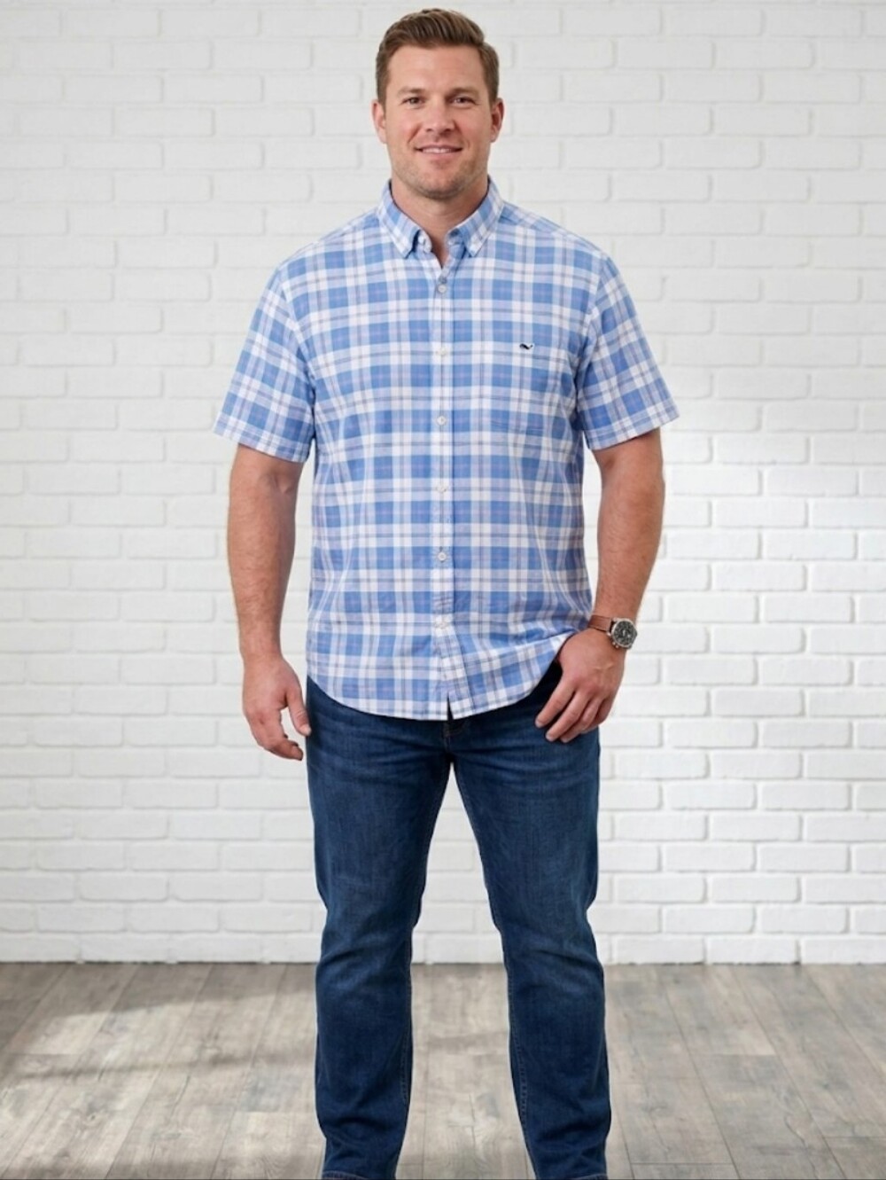 VINEYARD VINES Classic Fit Tucker Shirt XL Blue White Pink Plaid Short Sleeve